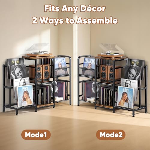POKIPO Large Record Player Stand, Vinyl Record Storage Holds up to 400+ Albums, 3 Tier Turntable Stand with Display Shelf, 3-in-1 Multifunctional Record Player Cabinet Media Console Table for Stereo POKIPO