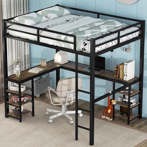 Full Size Loft Bed with Desk and Storage Shelves, Heavy Duty Metal Loft Bed with L-Shaped Desk and Ladder, Full Size Loft Bed for Kids, Teens, Black Loft Bed Full Size Bellemave