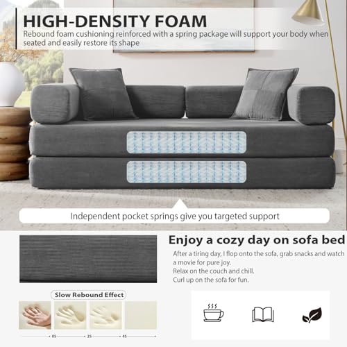 4-in-1 Folding Convertible Sofa Bed, 78 Inch Boneless Couch with Fixed-Shape Frame, Corduroy Loveseat Sleeper with Pull Out Bed, Floor Sofa Modular Futon Couch for Living Room Bedroom Lounge (Grey) ivoros