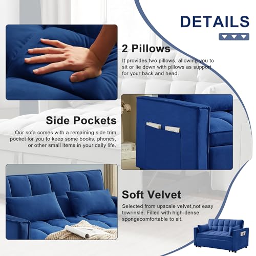 SumKea 55'' 3-in-1 Sleeper Loveseat, 2-Seater Pull Out Couch, Velvet Futon Sofa Adjustable Backrest, Reclining Sofa Bed with Pillows, Pockets, Perfect for Small Spaces, Living Room Furniture, Blue SumKea