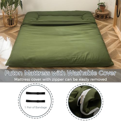 MAXYOYO 6" Extra Thick Japanese Floor Mattress Futon Mattress, Foldable Tatami Pad for Adults, Roll Up Floor Bed for Guest Room Bedroom RV, Green, Queen MAXYOYO