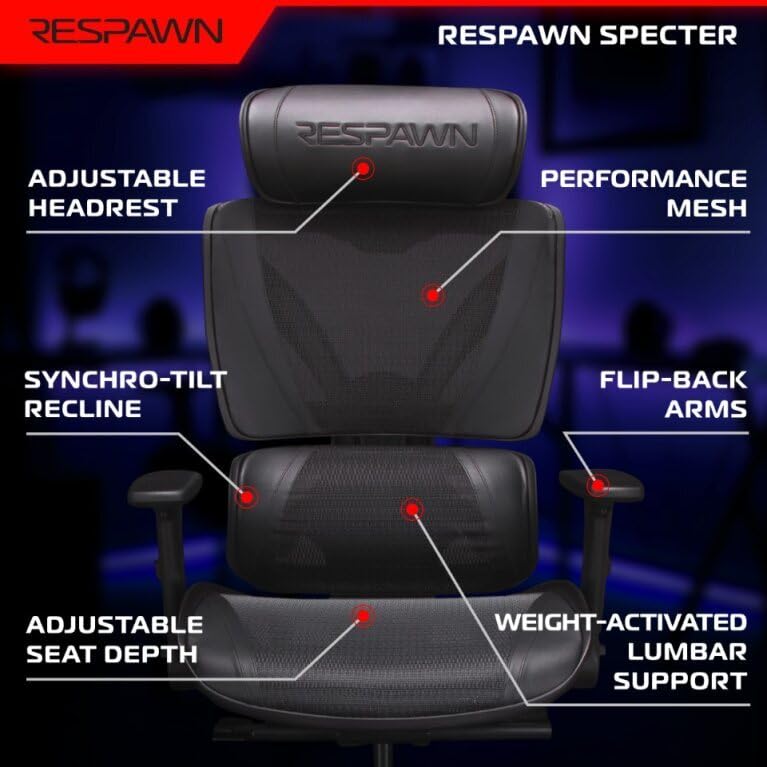 RESPAWN SPECTER Ergonomic Mesh Office Chair - High Back Computer Chair, Gaming Chair, Desk Chair with Adjustable Lumbar Support/Armrests/Headrest, Gaming Chairs Seat Slide & Tilt Recline - Black RESPAWN