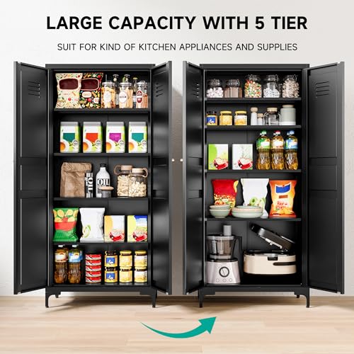 Metal Storage Cabinet with Doors and Shelves,Metal Pantry Cabinet,Black Craft Storage Cabinet,Ventilated Pantry Storage Cabinet,Tall Large Closet Cupboard for Home,Kitchen,Dining/Living/Laundry Room SISESOL