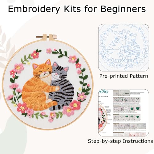 Nuberlic Cat Embroidery Kit for Beginners, DIY Cross Stitch Starter Kit Including Cloth with Pattern, Embroidery Hoop, Needles Instructions and Threads for Adults