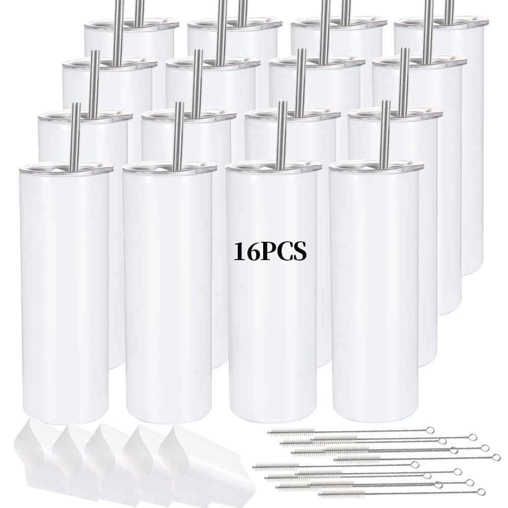 YOUKE OLA 16 Pack Sublimation Tumblers Straight Skinny Tumbler Blanks Bulk 20oz for Heat Transfer, Individual Gift Boxed, Double Wall Insulated Tumbler with Shrink Wrap & Straws YOUKE OLA