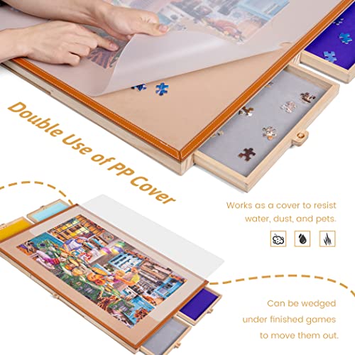 Tektalk Jigsaw Puzzle Table with Leather Bar, Wooden Plateau Portable Puzzle Board Saver with Embedded Adjustable Stand/Bracket and Removable Cover, 4 Sorting Drawers, for Up to 1500 Pieces Tektalk