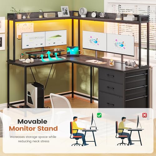 VIGKOOK L Shaped Gaming Desk with Shelves, Reversible Computer Desk with Power Outlet & LED Lights, Home Office Desks Writing Desk with 3 Drawers Monitor Stand Storage Hutch (Grey) VIGKOOK