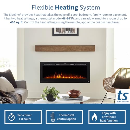 Touchstone Smart Electric Fireplace-The Sideline 50 Inch Wide-in Wall Recessed-30 Realistic Ember Color/Flame Options-1500W Heater w/Thermostat-Black- Log & Crystal Hearth Options -Alexa/WiFi Enabled Touchstone