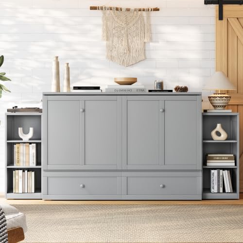 Bellemave Queen Size Murphy Bed, Cabinet Bed with 2 Shelves and Storage Drawers, Farmhouse Murphy Cabinet, Noisy Free, for Guest Bedroom, Living Room, Office, Light Gray Bellemave