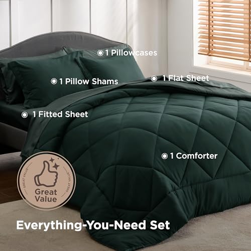 Bedsure Twin Comforter Set - 5 Pieces Reversible Emerald Green Bedding, Twin Size Bed Set for All Seasons, Bed in a Bag with Down Alternative Comforter, Sheets, Pillowcase & Sham Bedsure