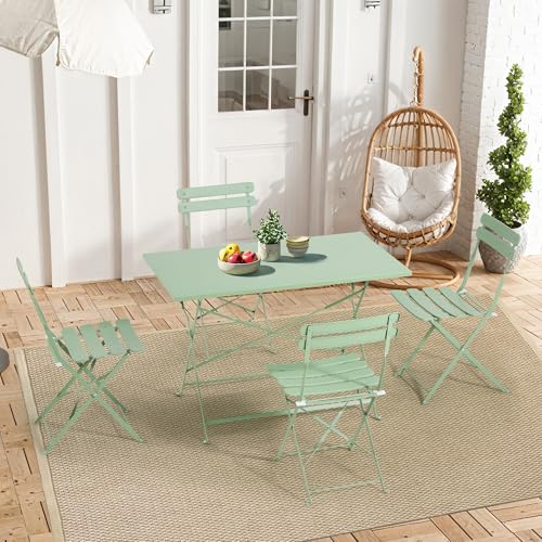 MELLCOM 5-Piece Foldable Patio Dining Set with Rectangular Table and Chairs, Weather-Resistant Iron Outdoor Dining Set for 4 People, Outdoor Table and Chairs for Patio, Yard, Indoor, Green MELLCOM