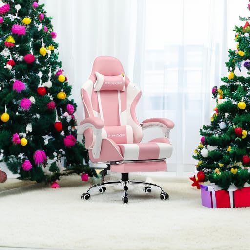 GTPLAYER Gaming Chair, Computer Chair with Footrest and Lumbar Support, Height Adjustable Game Chair with 360°-Swivel Seat and Headrest and for Office or Gaming (Faux Leather, Pink) GTPLAYER