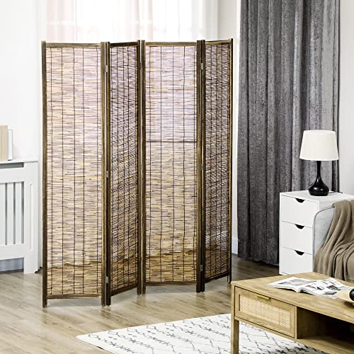 HOMCOM 4 Panel Room Divider, 5.5 Ft Portable Folding Privacy Screens, Reed Hand-Woven Freestanding Partition Wall Dividers for Home Office, Carbonized HOMCOM