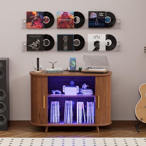 KSOBEBVT Record Player Stand with Vinyl Storage, Modern Media Cabinet with Charging Station & LED Lights, Sliding Door Turntable Stand, Audio-Visual Shelving Unit for Living Room (Walnut, 39") KSOBEBVT
