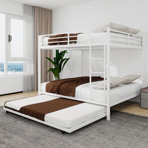Bellemave Metal Bunk Bed with Trundle, Full Over Full Bunk Twin Trundle and Guardrail and Ladder for Kids/Teenagers, Adults, White Bellemave