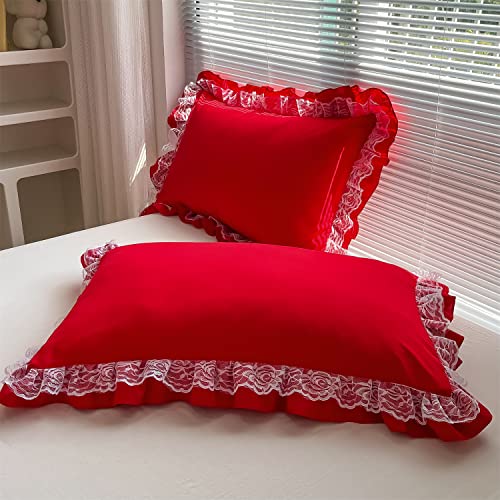 MOOWOO Christmas Chic Ruffle Lace Polyester Duvet Cover Set -Girl Red Bedding-2 Piece Twin Duvet Cover with Zipper Closure -Ultra Soft and Light Weight MOOWOO