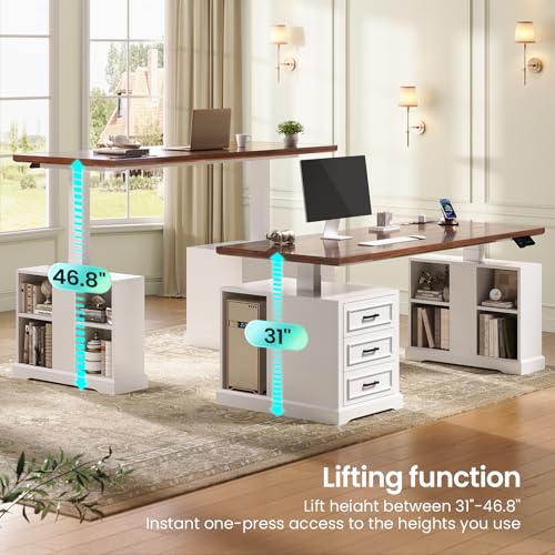 SEDETA Farmhouse Electric Standing Desk, 63" Height Adjustable Computer Desk with 3 Drawers, Storage Shelves, Power Outlets, Wood Home Office Stand up Desk for Work, Study, Writing, White SEDETA