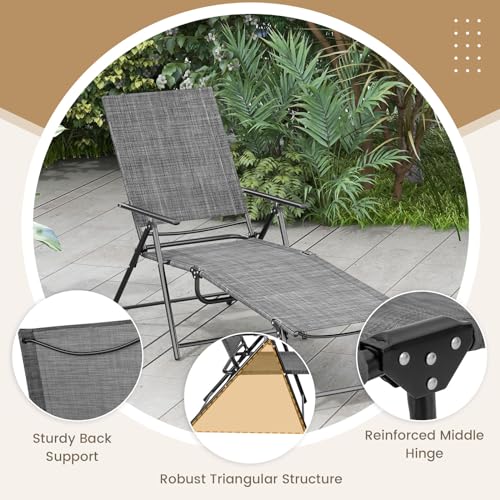 Giantex Lounge Chair Outdoor Set of 2 - Tanning Chair with 6 Adjustable Backrest, 2-Level Footrest, Folding Sunbathing Lounger for Patio, Poolside, Yard, Chaise Lounge Chair, Beach Chair (Grey)