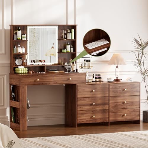 YYJ Makeup Vanity Desk with Large Mirror and Lights&Charging Station,3 Lighting Modes,Desk Vanity with 8 Storage Drawers and 8 Shelves,Makeup Table for Bedroom,Dressing Table with Nightstand,Walnut YYJ