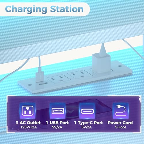 DUMOS L Shaped Gaming Desk with Shelves Storage Drawers 52'', White Computer Desks with LED Lights Power Outlets, Office Wood Table with PC Stand Cable Management for Bedroom Dual Monitor Streaming DUMOS