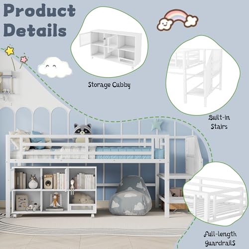 MoproBeti Low Loft Bed with Stairs, Metal Kids Loft Bed with Storage Cubby, Twin Low Loft Bed with Safety Guardrail and Under-Bed Play Space for Girls Boys,No Box Spring Needed,White MoproBeti