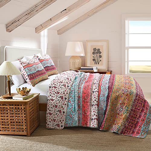 Boho Style Queen Quilt Set Reversible Bohemian Floral Strip Quilt Beddding Set, Soft and Lightweight Bedspread for All Season, Full Size Bed Coverlet with 2 Matching Pillow Shams (3 Pieces) HORIMOTE HOME