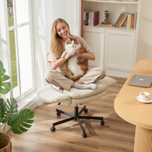 Bestier Criss Cross Office Chair with Flip-Up Arms, Vanity Comfy Chair with Thick Cushion & Wheels, Cross Legged Office Chair for Home Office, Bedroom, Beige Velvet Bestier