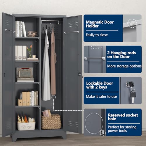 NICEGDLT Metal Storage Cabinet with Lock,72" Garage Storage Cabinets with Hanging Rod & S-Hooks,Large Storage Cabinet with Shelves,Locking Tool Utility Closet for Home,Garage,Utility Room,Dark Grey NICEGDLT