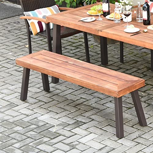 Tangkula Outdoor Acacia Wood Bench, Patio Dining Bench Picnic Bench with Steel Legs, Wooden Bench for Porch Garden Poolside Living Room Balcony, Ideal for Indoor & Outdoor Use (1, Teak) Tangkula