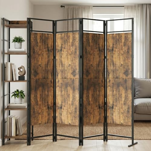 YATINEY Room Divider, 4 Panel Folding Privacy Screen with Storage, Portable Room Partition for Room Separator, Wall Divider Screen for Bedroom, Office, Rustic Brown and Black YATINEY