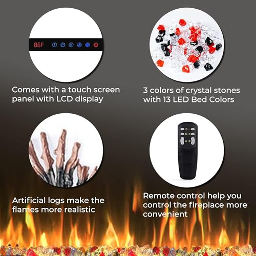 Valuxhome 30 Inches Recessed and Wall Mounted Electric Fireplaces Insert for Living Room with Remote,1500W/750W,13 Fuel Bed Colors, Overheating Protection, Crystal, Touch Screen, Timer, Black Valuxhome