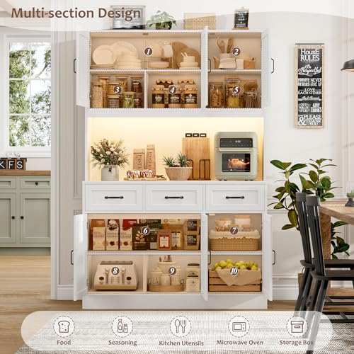 HOSTACK 72" Tall Kitchen Pantry Cabinet with Charging Station | LED Lights, 47" W Kitchen Pantry Storage Cabinet with Countertop, Modern Kitchens Hutch Cabinets with Storage for Dining Room, White HOSTACK