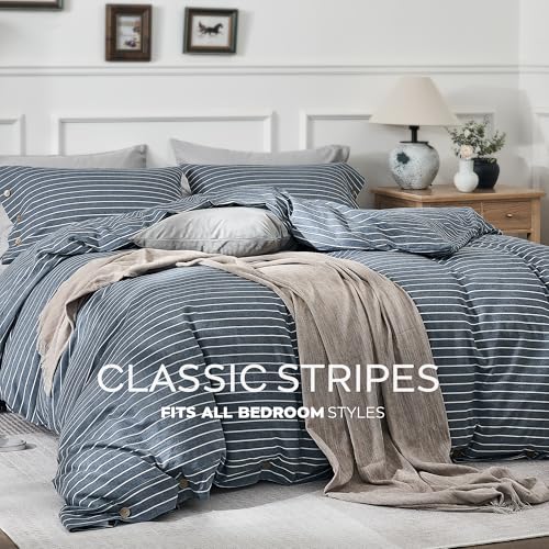 JELLYMONI Cotton Duvet Cover Twin Size - Blue Pinstriped Comforter Cover with Button 100% Washed Cotton 2PCS Breathable Soft Solid Bedding Set Duvet Cover 68×90in & 1 Pillowcase (NO Comforter) JELLYMONI
