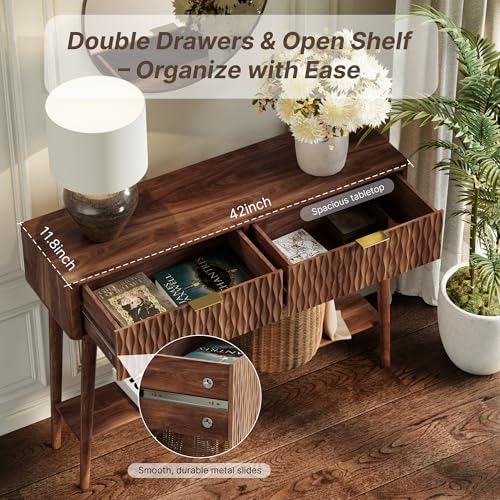 Cooday Console Table with Solid Wood Leg,Fluted Entryway Table with Storage Drawers, Mid-Century Modern Narrow Console Table for Living Room,Hallway,Walnut Cooday