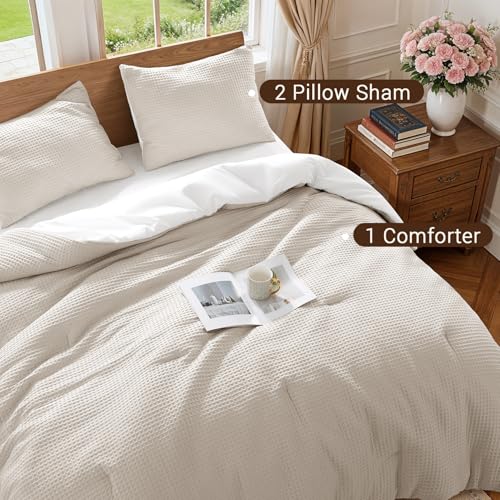 Shilucheng Waffle Cotton King Size Comforter Set - 3 Piece Bedding Set with Comforter and 2 Pillow Shams, Soft & Breathable All-Season Waffle Weave Comforter, Machine Washable, Beige Shilucheng