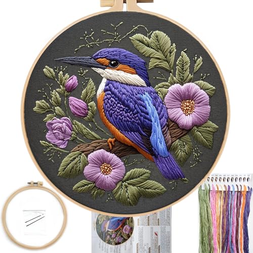 FONNUY Embroidery Kit for Beginners, Birds with Flowers Pre-Stamped Pattern Kits for Adults with Hoop, Easy to Follow Color Thread Needlework, 8'' Hoop (Purple 1)