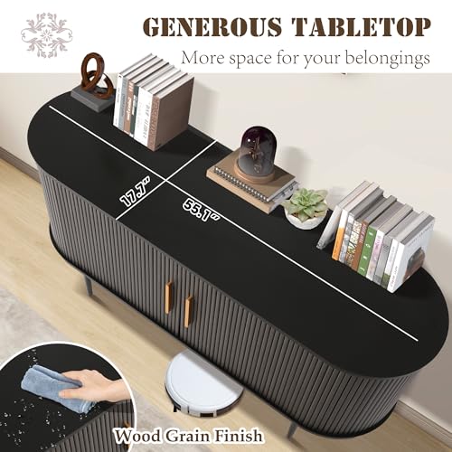 UTOASIS Fluted Buffet Cabinet, 55" Sideboard Tambour Buffer Cabient wtih Storage, Sliding Door, Mid Century Modern Console Table with Adjustable Shelf, Modern Accent Cabinet for Kitchen (Black) UTOASIS