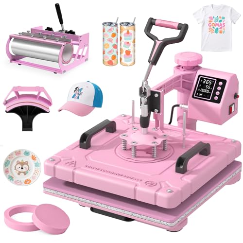 Slendor Heat Press 15x15 Inch 5 in 1 Heat Press Machine with 30OZ Tumbler 360-Degree Swing Away Digital Multifunction Heat Transfer Sublimation Combo for T Shirts Mugs Hat Plate Cap, Pink Slendor