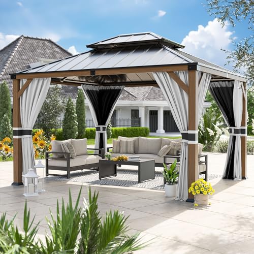 UDPATIO 10' x 12' Hardtop Gazebo, Wood Grain Finish Aluminum Frame Outdoor Gazebo with Galvanized Steel Double Roof, Metal Gazebo Canopy with Curtain and Netting for Garden, Patio and Deck, Grey UDPATIO