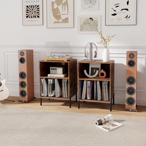 Giantex Record Player Stand with Charging Station, Turntable Stand with Storage Cabinet, Record Player Shelf with Metal Legs, Vinyl Record Storage up to 150 Albums for Living Room (Rustic Brown) Giantex