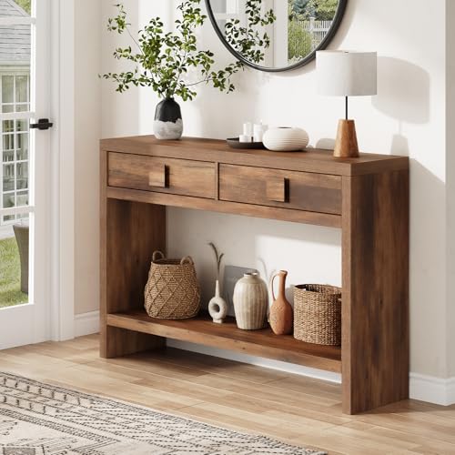 ONBRILL Console Table with Drawers, 47 Inch Narrow Entryway Table with Open Storage Shelves, Mid Century Modern Hallway Accent Tables Behind Couch Table for Living Room (Vintage Brown) ONBRILL