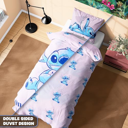 Disney Stitch Duvet Cover and Pillowcase Set, Single or Double Size, Bedroom Accessories for Kids Teens (Pink Stitch Single) Disney