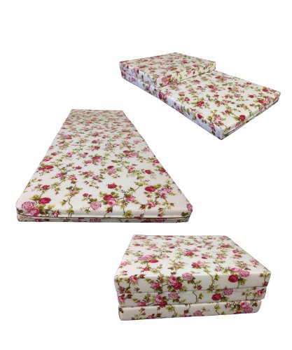 D&D Futon Furniture Trifold Foam Beds, Floor Tri-Fold Bed, Foldable Shikibuton Mattress Cushion Topper Mat for Space Saving Sleepover 3x27x75 in,Red Rose White D&D Futon Furniture