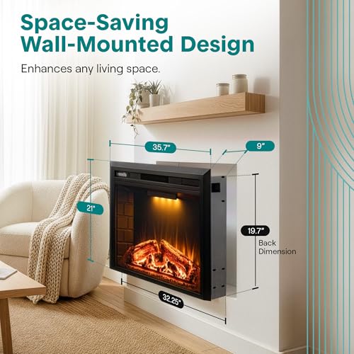SereneLife Electric Fireplace Heater with LED Flame, Smart Wi-Fi, Remote, Thermostat, 13 Color Modes, Recessed or Wall Mounted Fire Place, Quiet Operation, Overheat Protection, Black Frame SereneLife