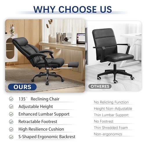 Big and Tall Office Chair with Footrest, High Back Executive Leather Desk Chair with Lumbar Support, Reclining Office Chair with Adjustable Angle, Home Office Ergonomic Computer Gaming Chair BestGlory