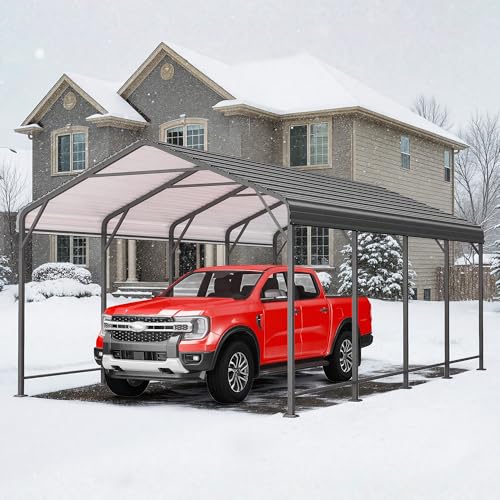 12' x 20' Carport, Heavy Duty Carport with Updated Roof & Enhanced Base, All Weather Steel Car Port, Multi-Use Car Port Garage, Metal Carports for Car, Truck, Boat, Tractors, Party, Grey FansaFurn