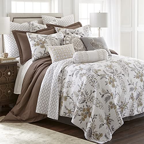 Levtex Home Pisa Reversible Full/Queen Quilt Set (88x92in) with 2 Pillow Shams (26x20in) - Floral Peacock - Grey, Taupe - 100% Cotton Full/Queen Size Quilt Bedding Set - Lightweight, Soft, Pre-Washed Levtex Home