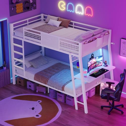 HAUOMS Bunk Bed for Small Space, Twin Over Twin Bunk Beds with Desk, Power Outlets, RGB LED Lights, Storage, Metal Beds with Safety Guardrail & Ladders, No Box Spring Needed (White, No Drawer) HAUOMS