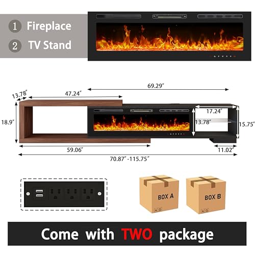 Bvldfamly Fireplace Extendable TV Stand for 120 Inch TV, Modern Entertainment Center with LED Light, Wood Reversible TV Media Console with Power Outlet for Living Room, 71"-116", Black Bvldfamly