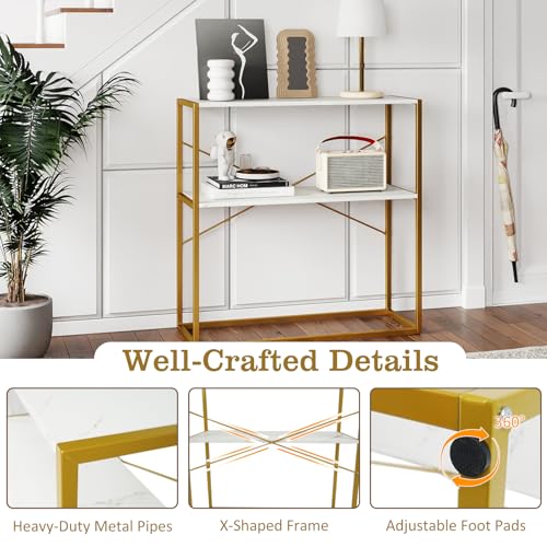 GOFLAME 2-Tier Entryway Table, 36” Console Table with Open Storage Shelf, Faux Marble Top & Metal Frame, Modern Narrow Long Behind Sofa Tables for Living Room, Hallway, Entry, White & Gold GOFLAME